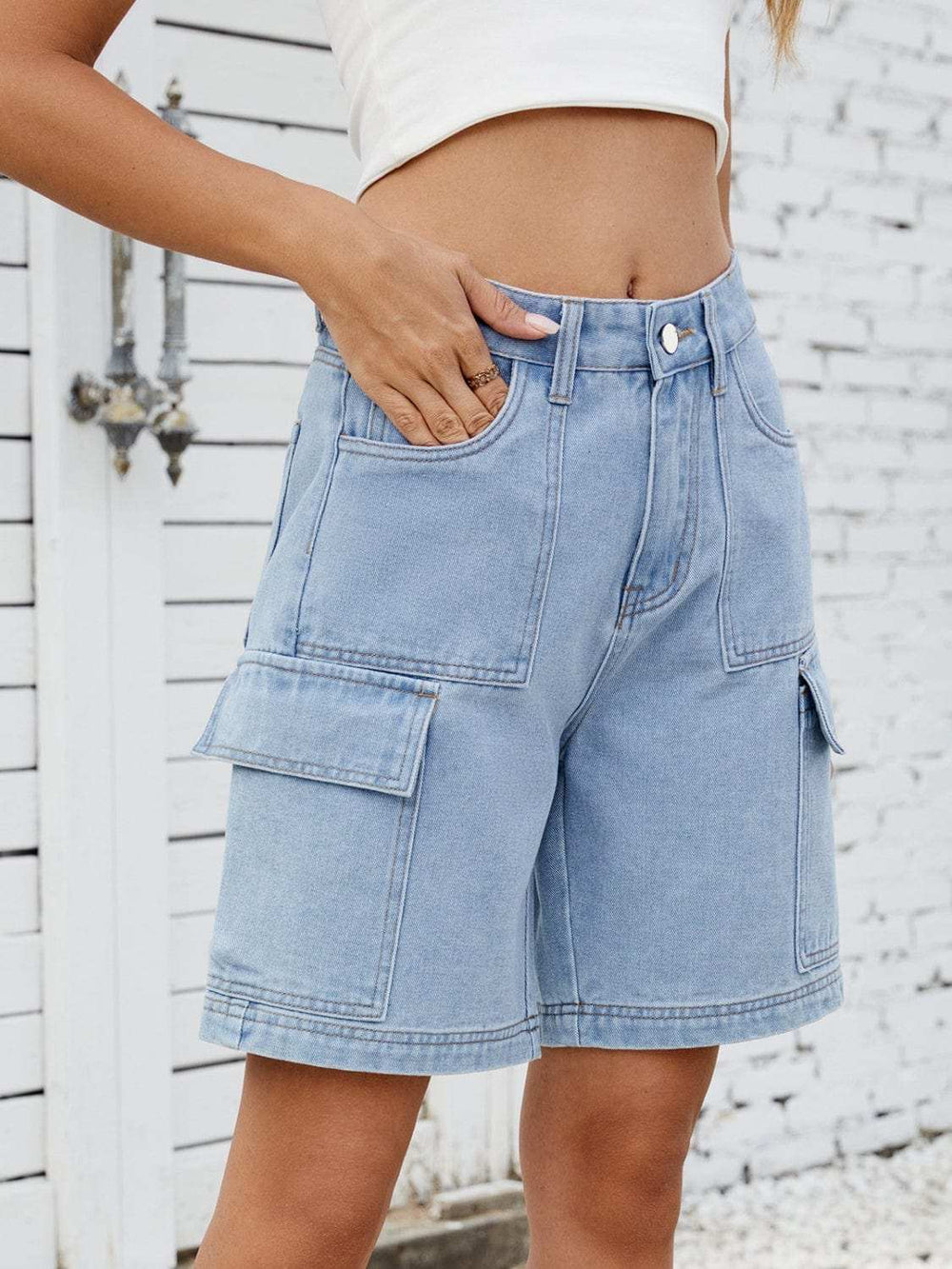 High Waist Denim Shorts with Cargo Pockets - Trendsi - Flyclothing LLC