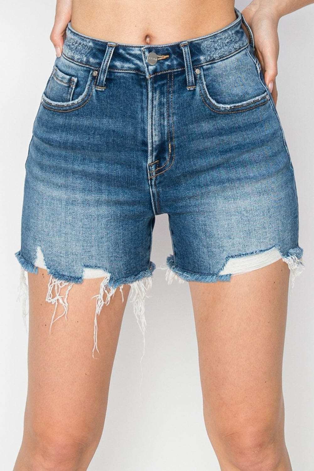 RISEN High Rise Raw Hem Distressed Denim Shorts - Trendsi - Flyclothing LLC