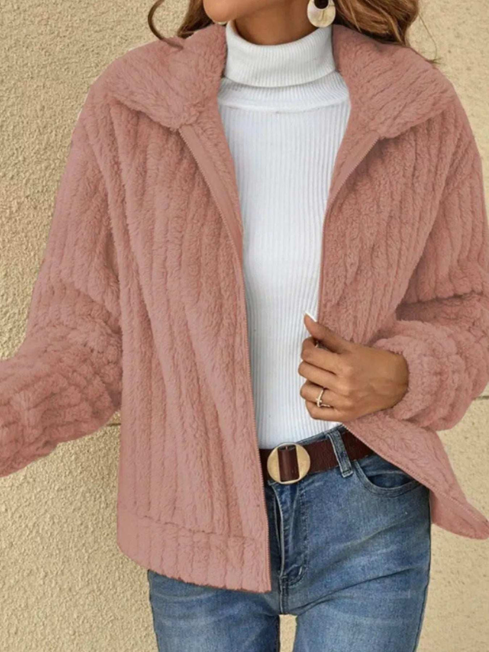 Full Size Zip-Up Long Sleeve Texture Jacket Plus Size - Trendsi - Flyclothing LLC