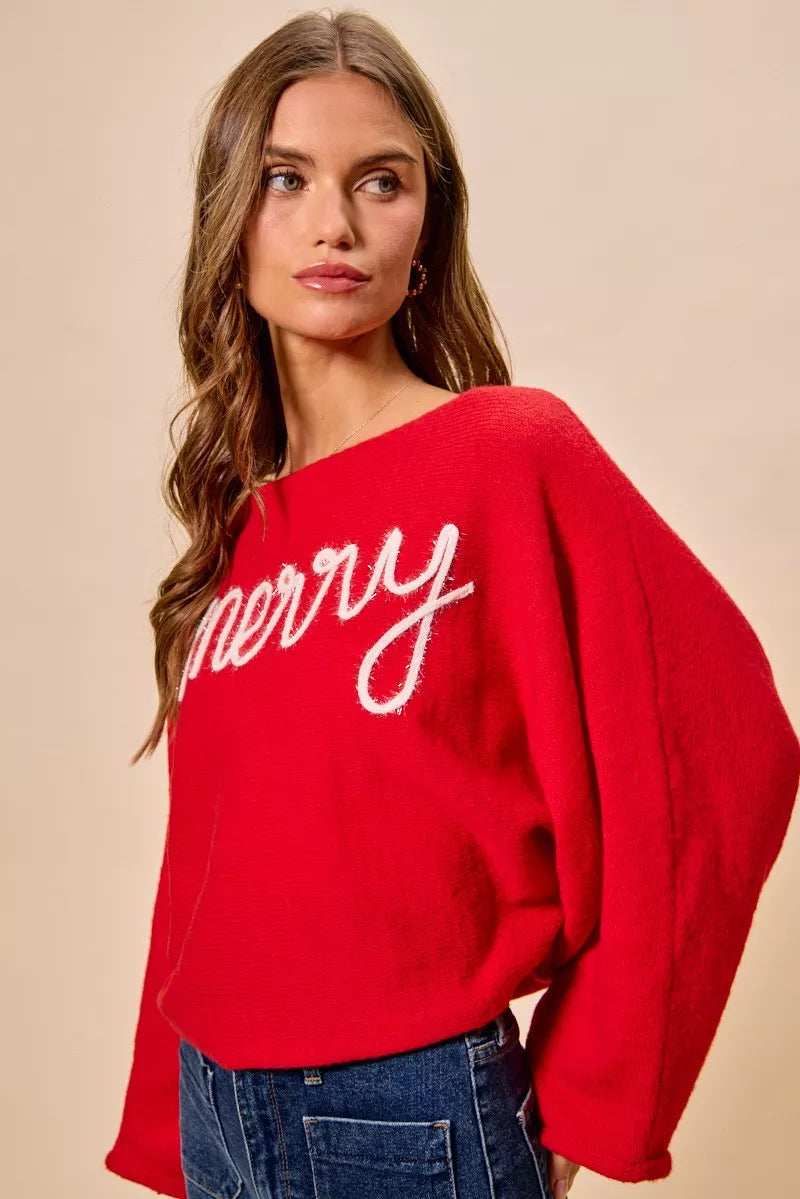 SO ME Merry Tinsel Lettering Christmas Sweater Top - Trendsi - Flyclothing LLC