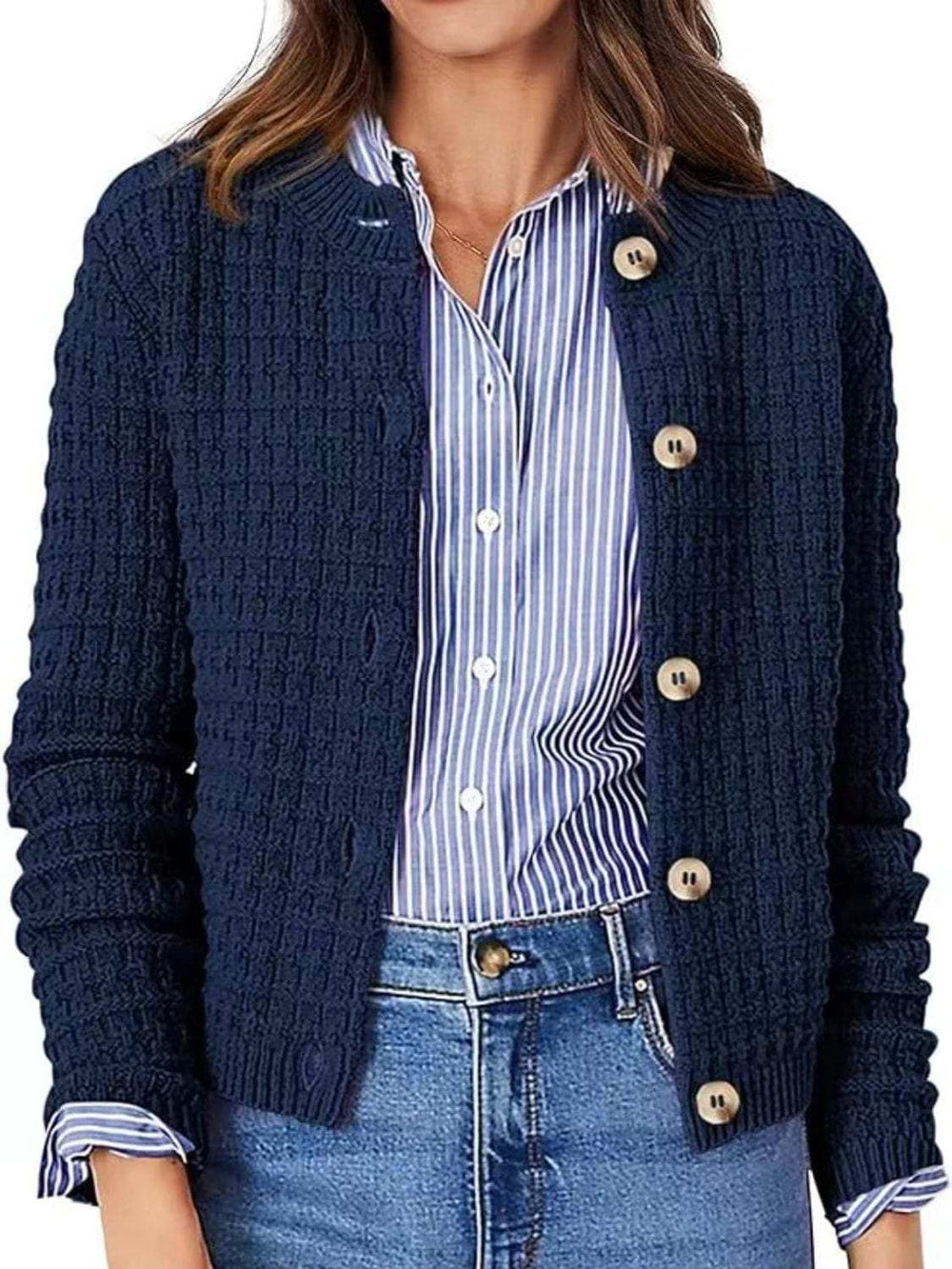 Button Up Round Neck Long Sleeve Cardigan - Trendsi - Flyclothing LLC