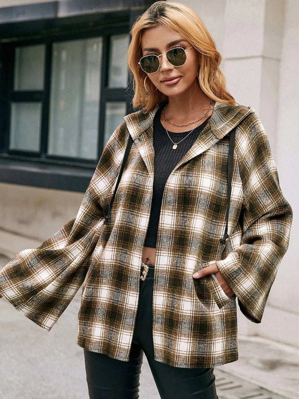 Pocketed Plaid Long Sleeve Hooded Jacket - Trendsi - Flyclothing LLC