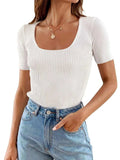 Ribbed Square Neck Short Sleeve Knit Top - Trendsi - Flyclothing LLC