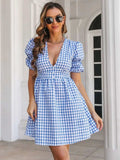 Decorative Button Plaid Short Sleeve Dress - Trendsi - Flyclothing LLC