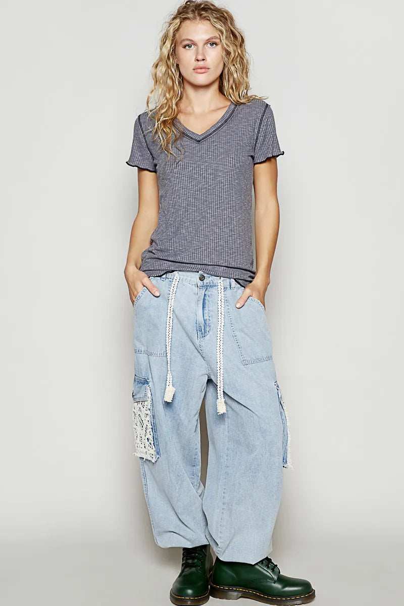 POL V-Neck Short Sleeve Ribbed T-Shirt with Contrast Overlock Stitching - Trendsi - Flyclothing LLC