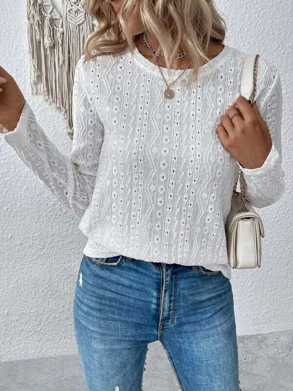 Eyelet Round Neck Long Sleeve Blouse - Trendsi - Flyclothing LLC