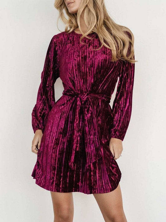 Velvet Round Neck Tie Waist Long Sleeve Mini Dress - Trendsi - Flyclothing LLC