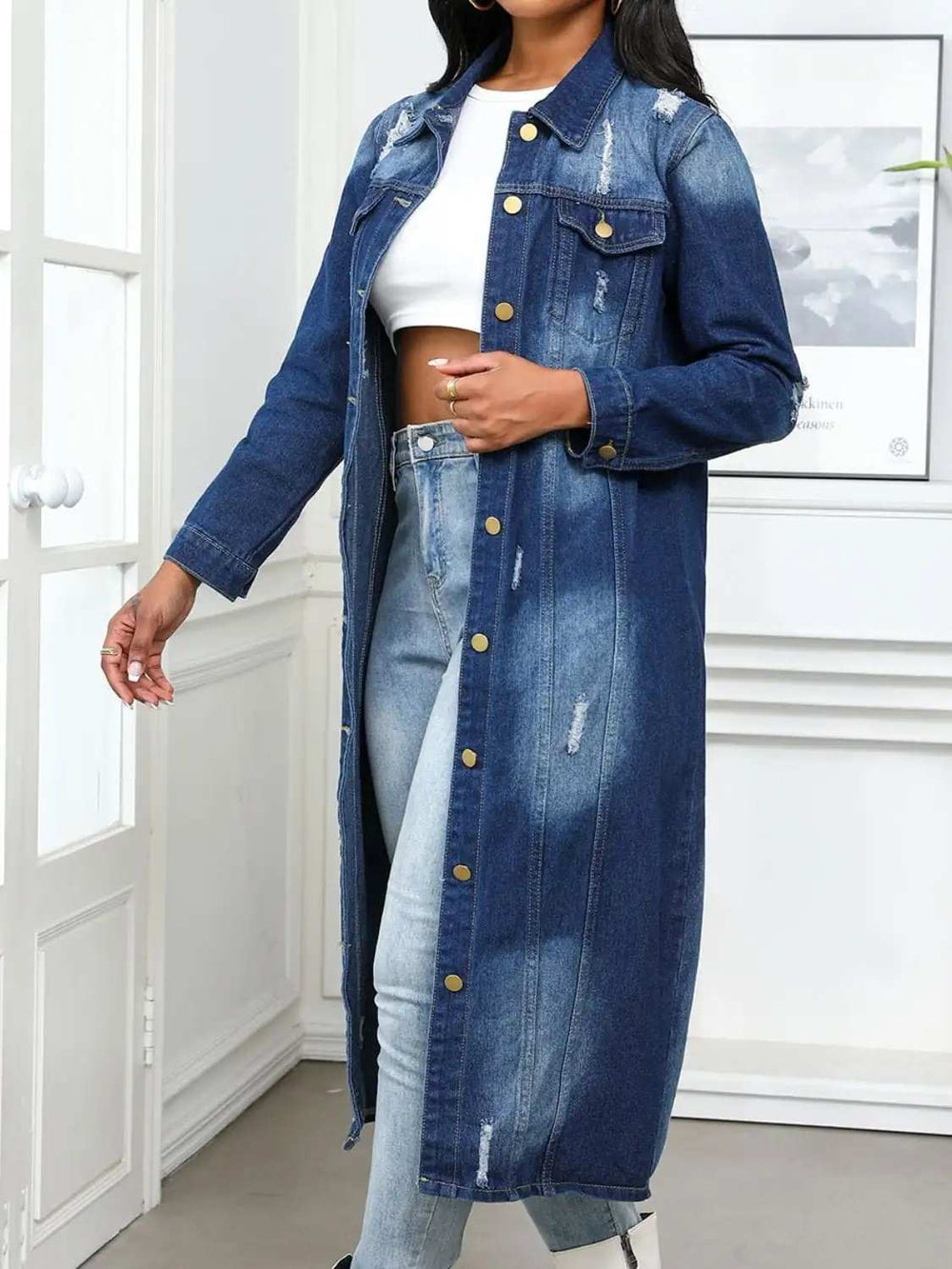 Distressed Button Up Collared Neck Denim Top - Trendsi - Flyclothing LLC