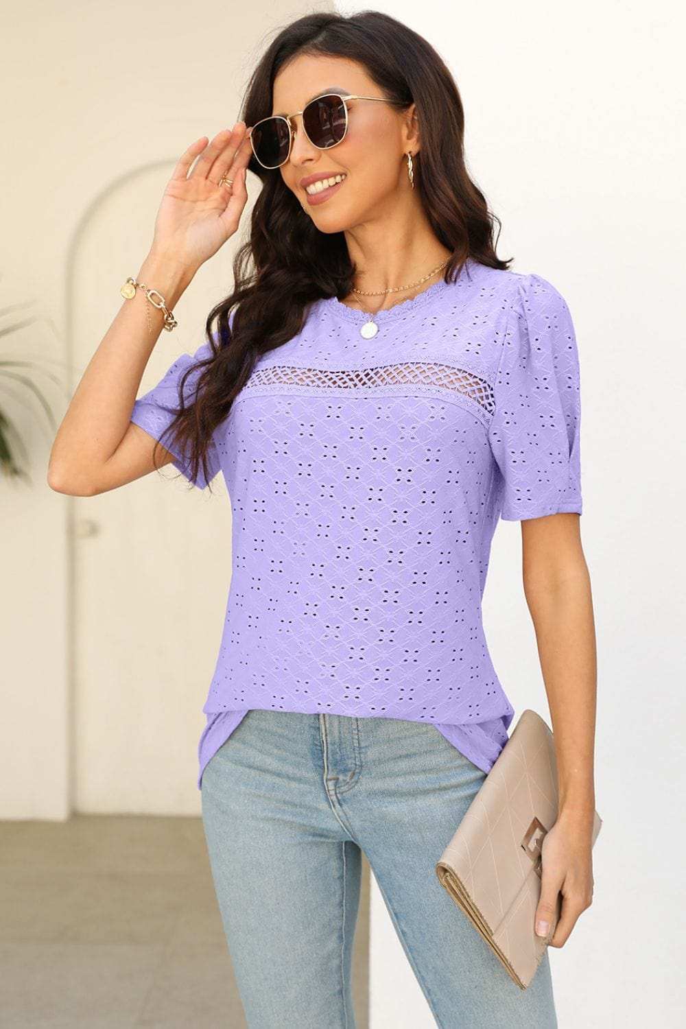 Eyelet Round Neck Short Sleeve T-Shirt - Trendsi - Flyclothing LLC