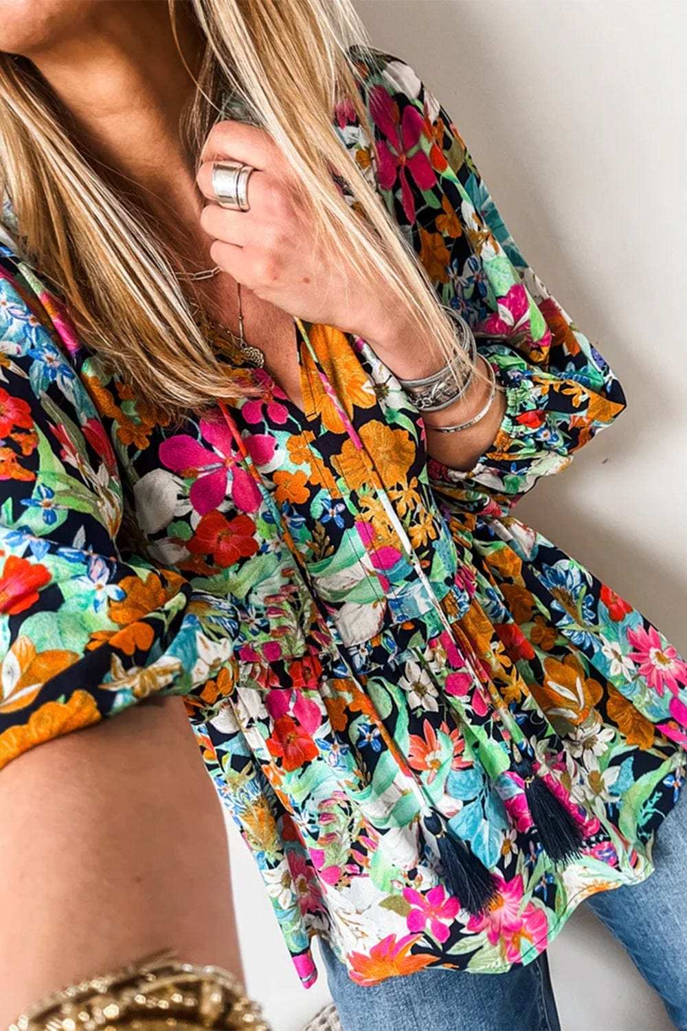 Floral Tie Neck Balloon Sleeve Blouse - Trendsi - Flyclothing LLC