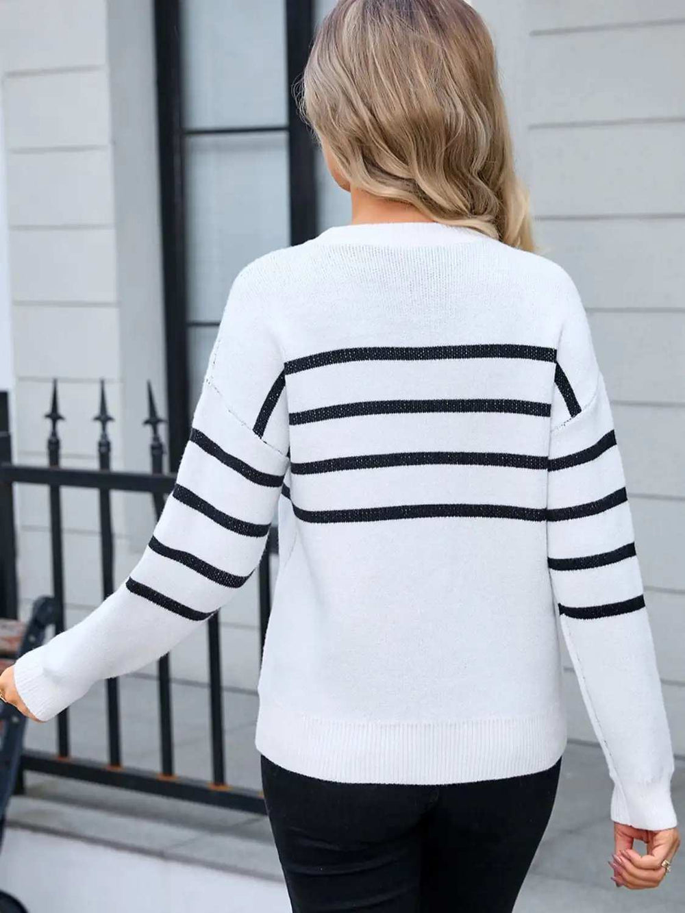 Striped Round Neck Long Sleeve Sweater - Trendsi - Flyclothing LLC
