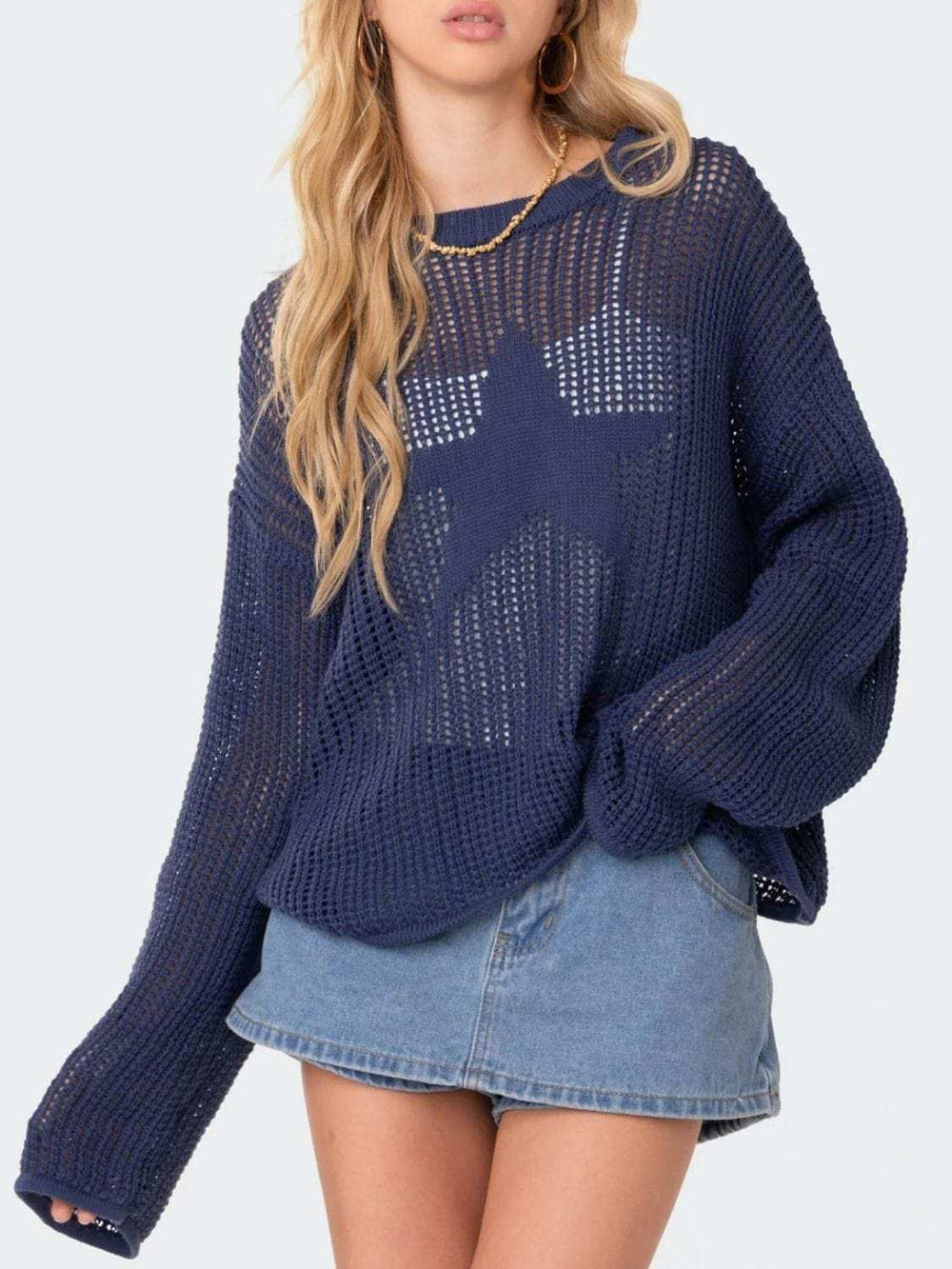 Star Round Neck Long Sleeve Knit Top - Trendsi - Flyclothing LLC