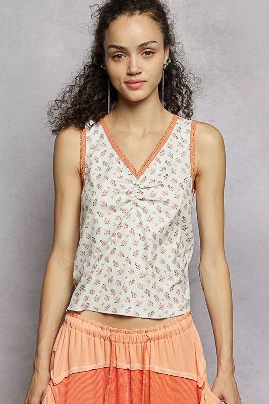 POL Ruched Floral V-Neck Tank with Lace Detail - Trendsi - Flyclothing LLC