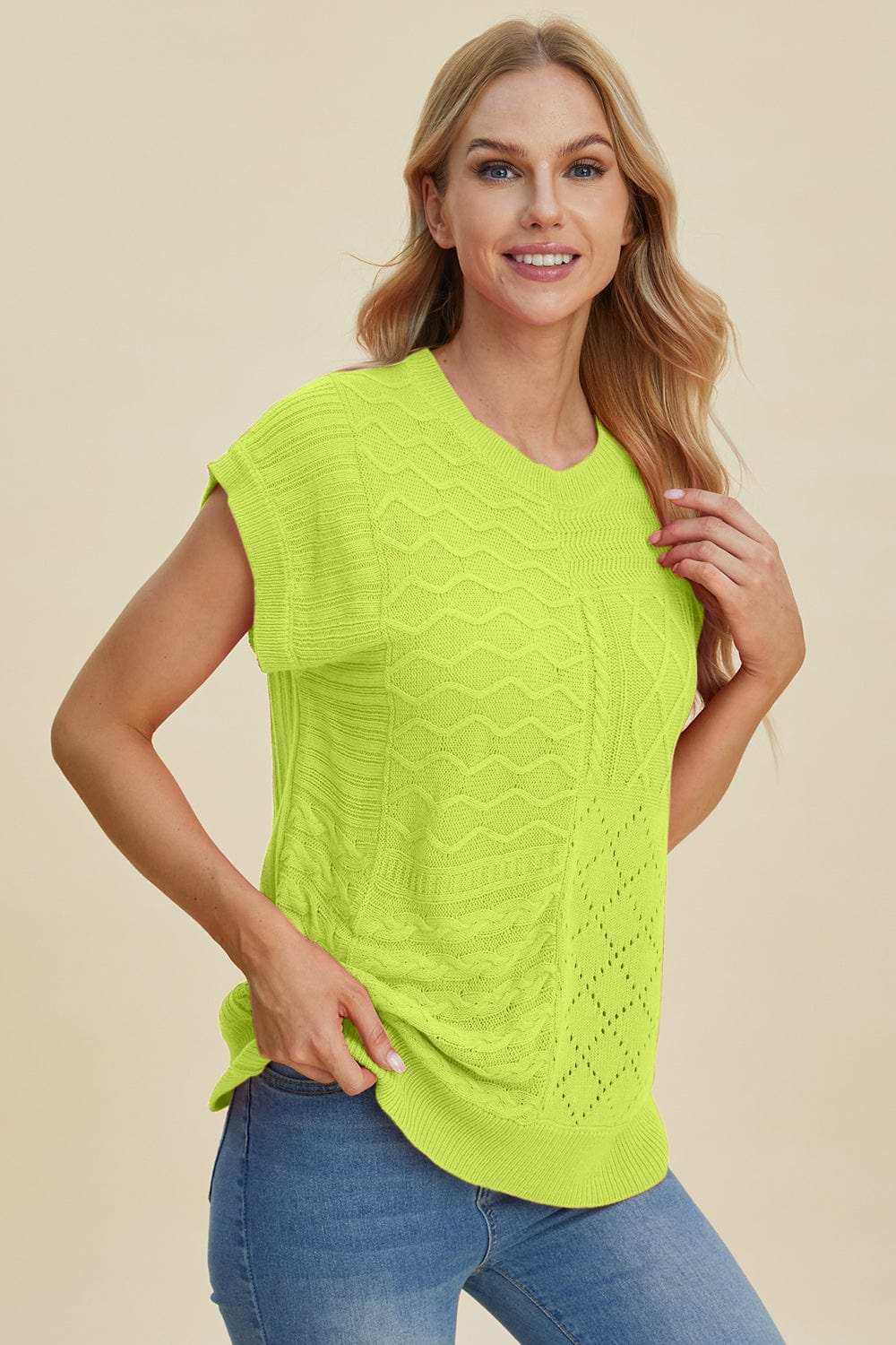 Double Take Full Size Cable-Knit Round Neck Cap Sleeve Sweater - Trendsi - Flyclothing LLC