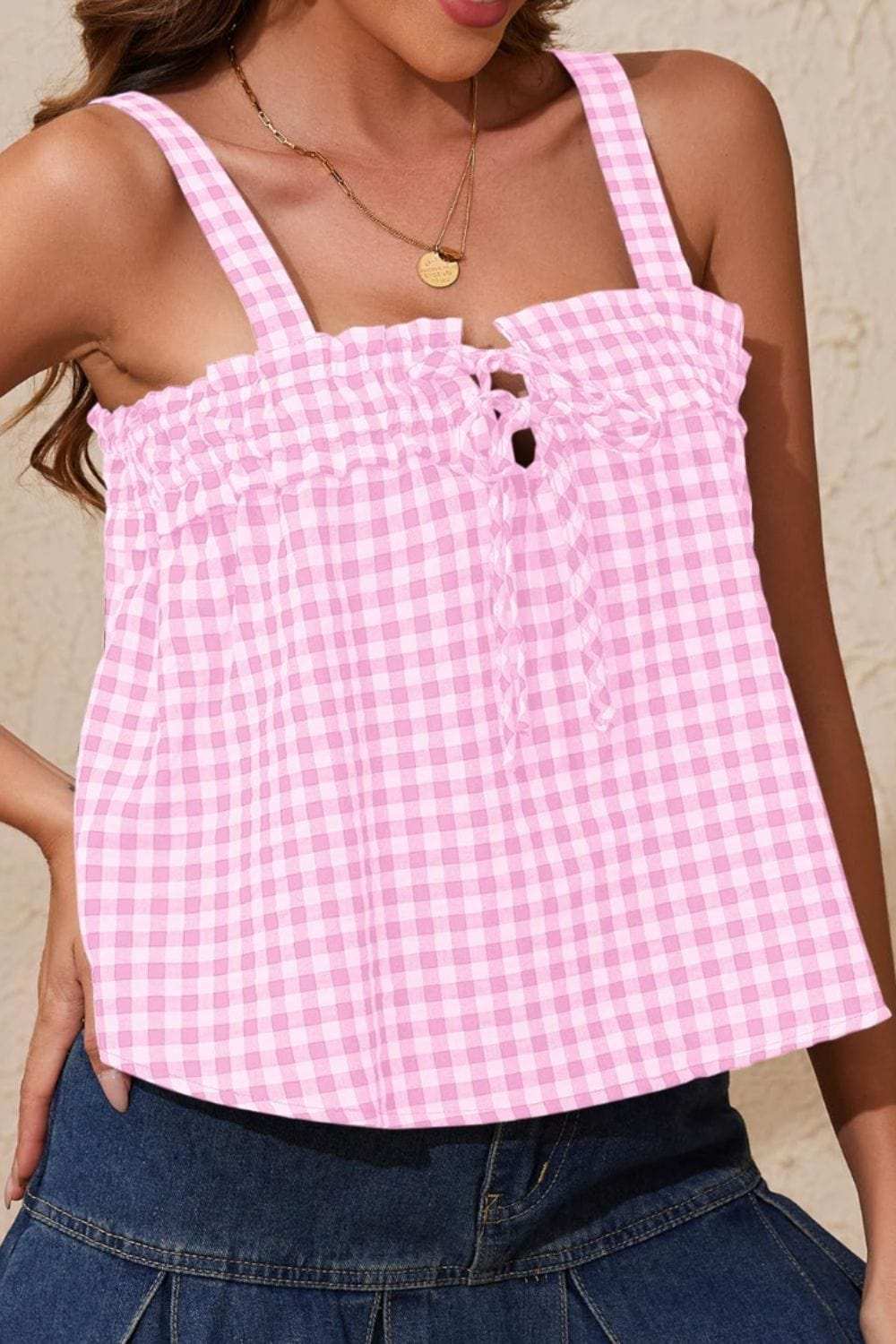 Tied Front Textured Square Neck Cami - Trendsi - Flyclothing LLC