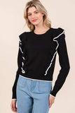 Mittoshop Contrast Trim Ruffled Round Neck Knit Top - Trendsi - Flyclothing LLC