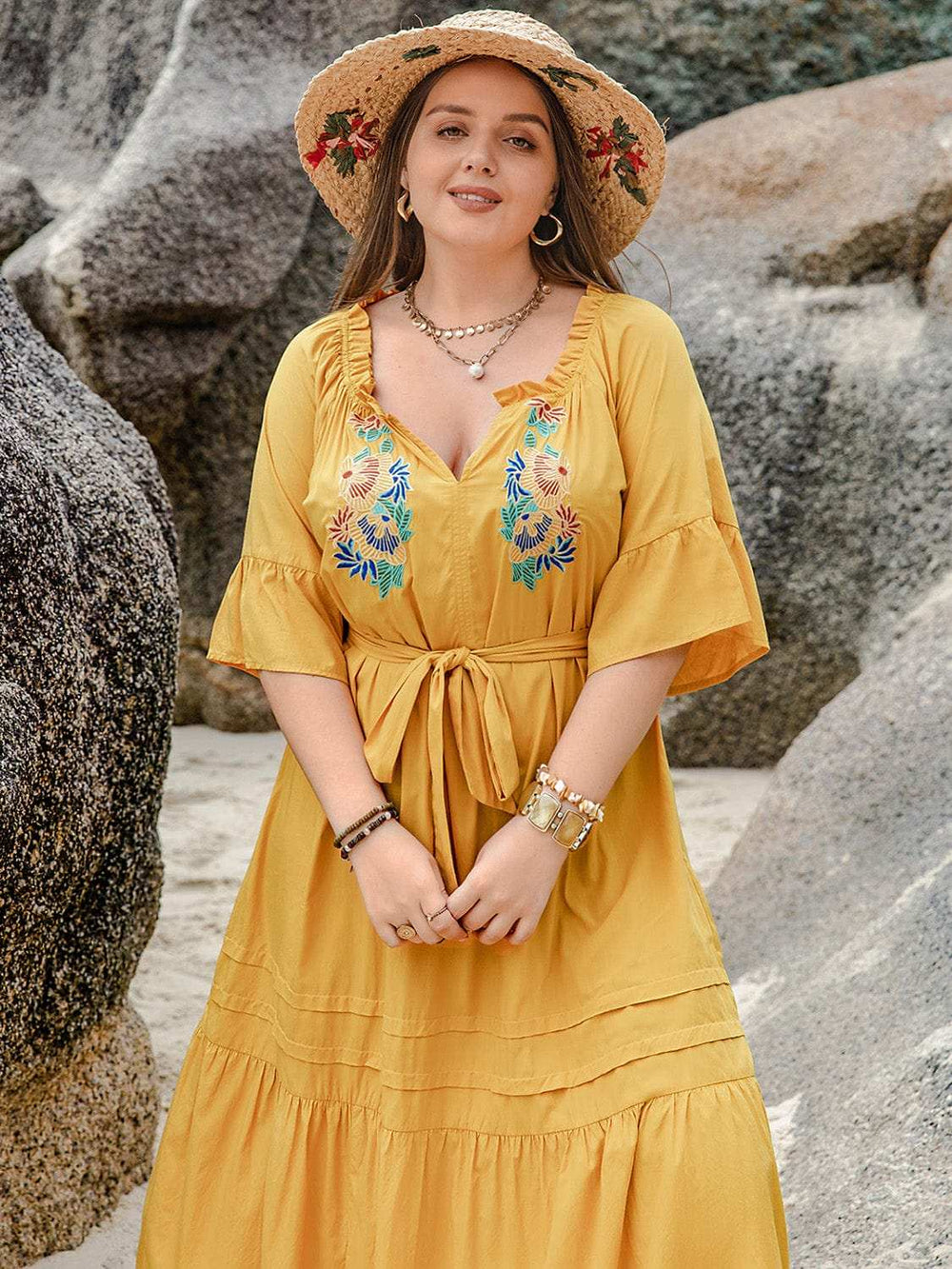 Plus Size Notched Tie Waist Half Sleeve Midi Dress - Trendsi - Flyclothing LLC