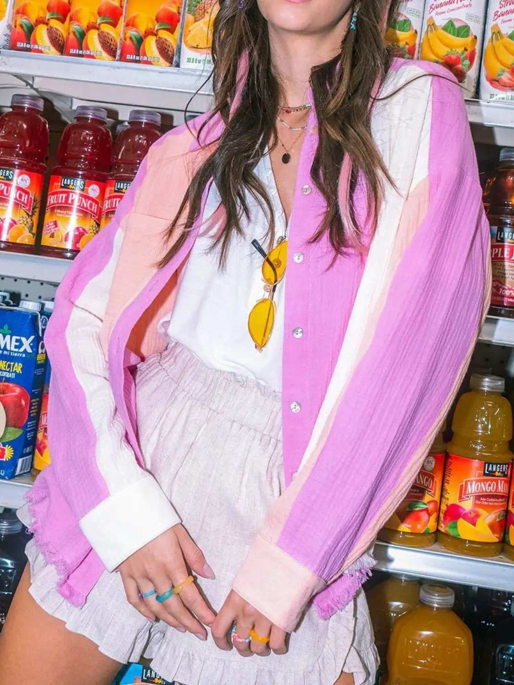 Contrast Button Up Long Sleeve Shirt - Trendsi - Flyclothing LLC