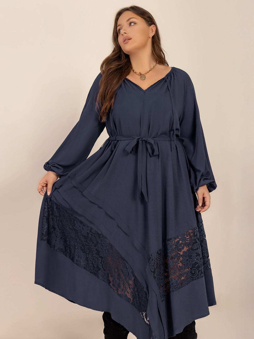 Plus Size Lace Detail Tie Neck Long Sleeve Midi Dress - Trendsi - Flyclothing LLC