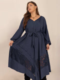 Plus Size Lace Detail Tie Neck Long Sleeve Midi Dress - Trendsi - Flyclothing LLC