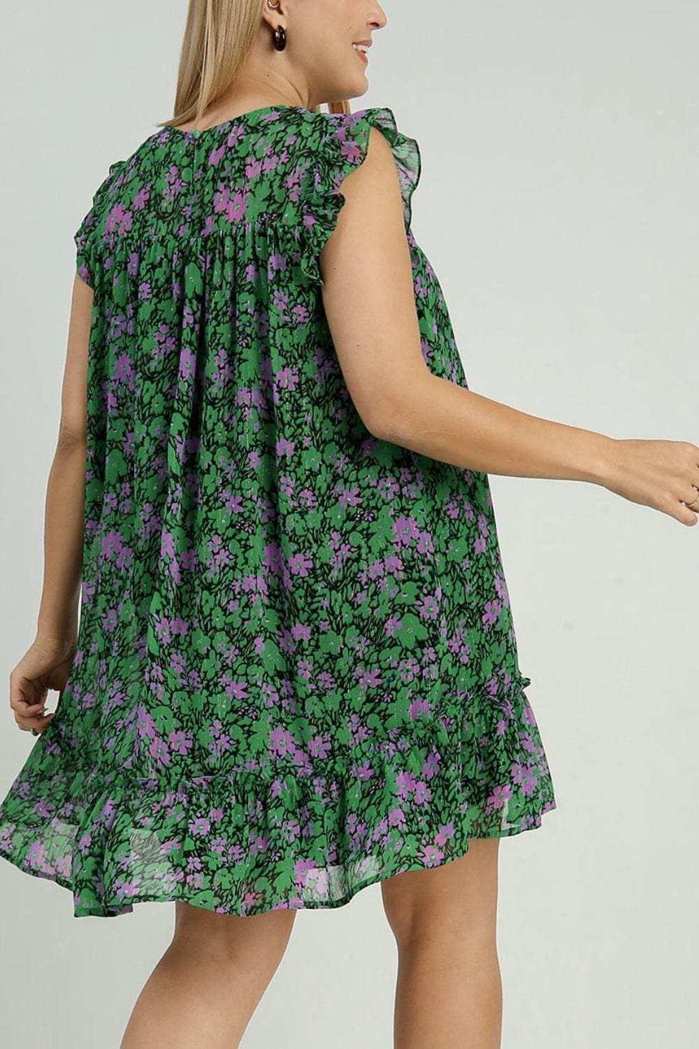 Umgee Full Size Smocked Detail Floral Metallic Ruffle Cap Sleeve Dress Plus Size - Trendsi - Flyclothing LLC