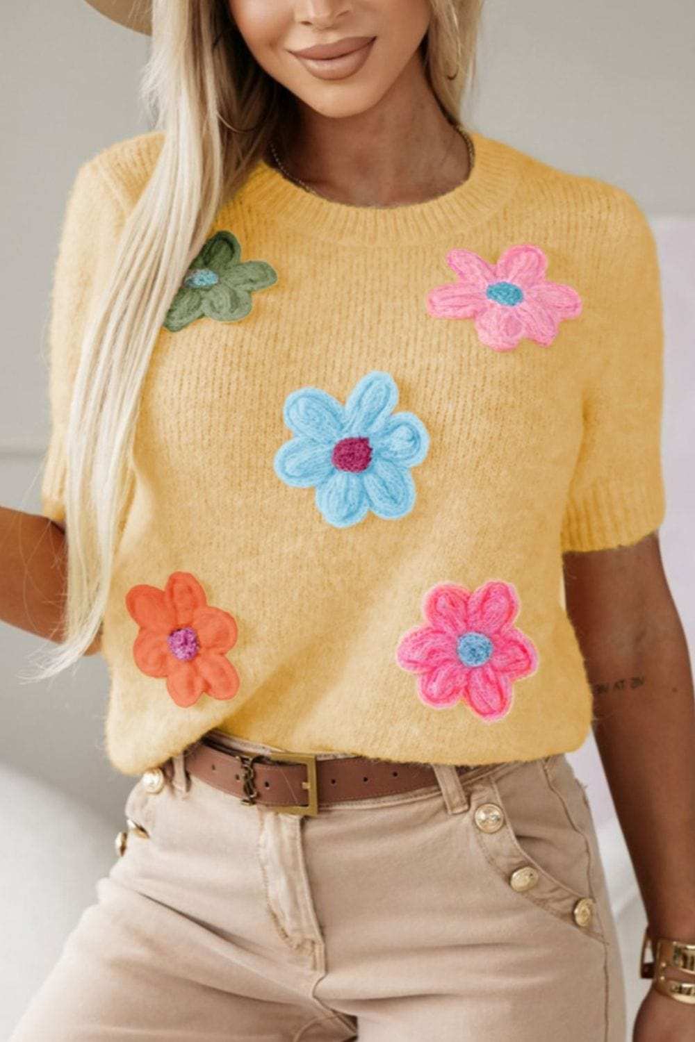 Flower Round Neck Short Sleeve Sweater - Trendsi - Flyclothing LLC