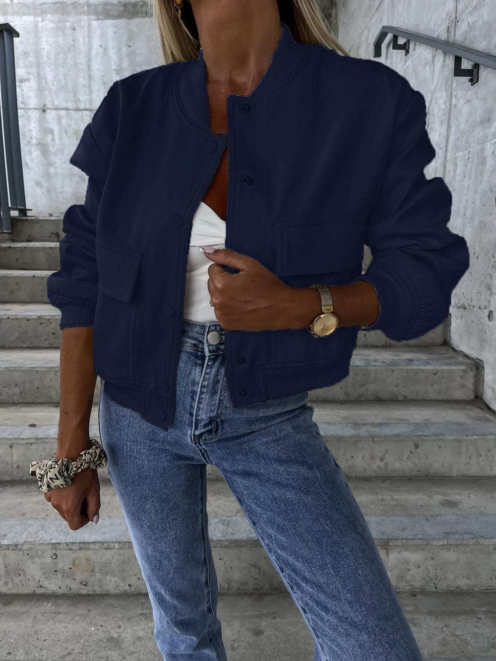 Baseball Collar Dropped Shoulder Jacket - Trendsi - Flyclothing LLC