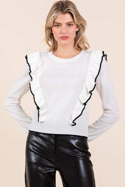 Mittoshop Contrast Trim Ruffled Round Neck Knit Top - Trendsi - Flyclothing LLC