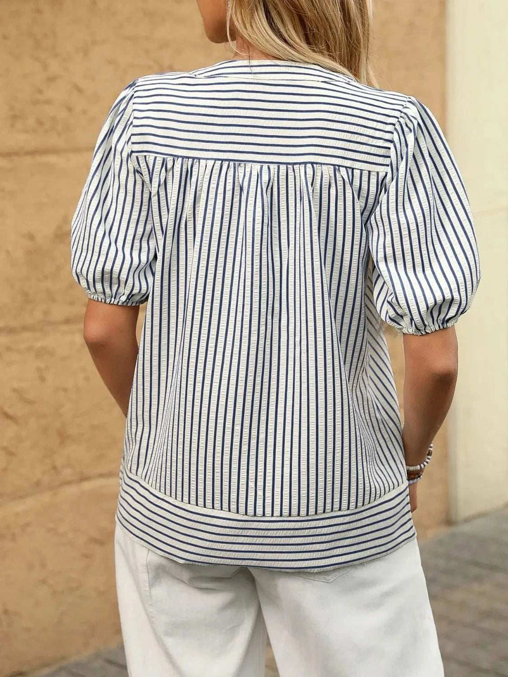 Striped Notched Puff Sleeve Blouse - Trendsi - Flyclothing LLC