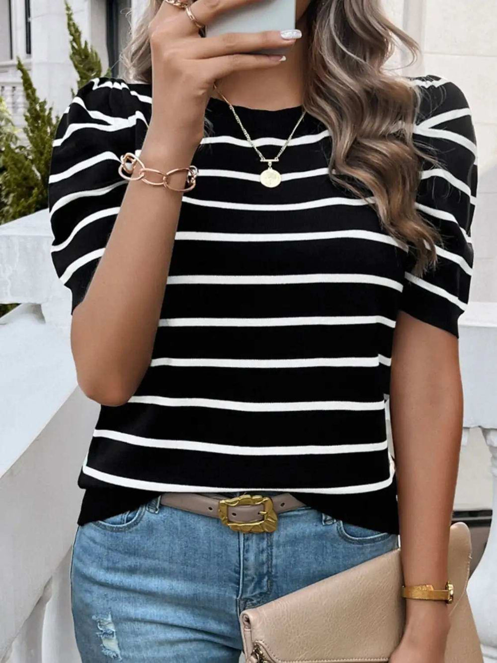 Striped Round Neck Puff Sleeve Knit Top - Trendsi - Flyclothing LLC