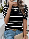 Striped Round Neck Puff Sleeve Knit Top - Trendsi - Flyclothing LLC