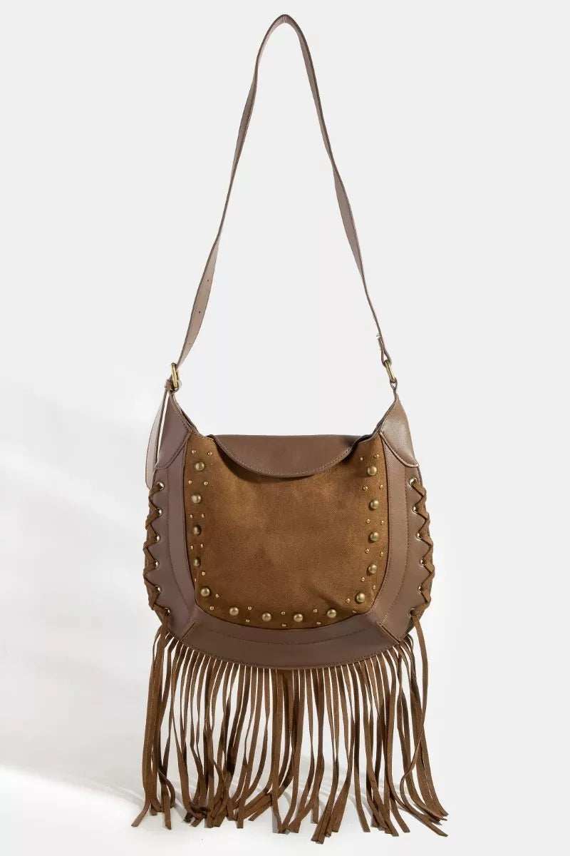 Fame Rivet Trim Suede Fringe Shoulder Bag - Trendsi - Flyclothing LLC