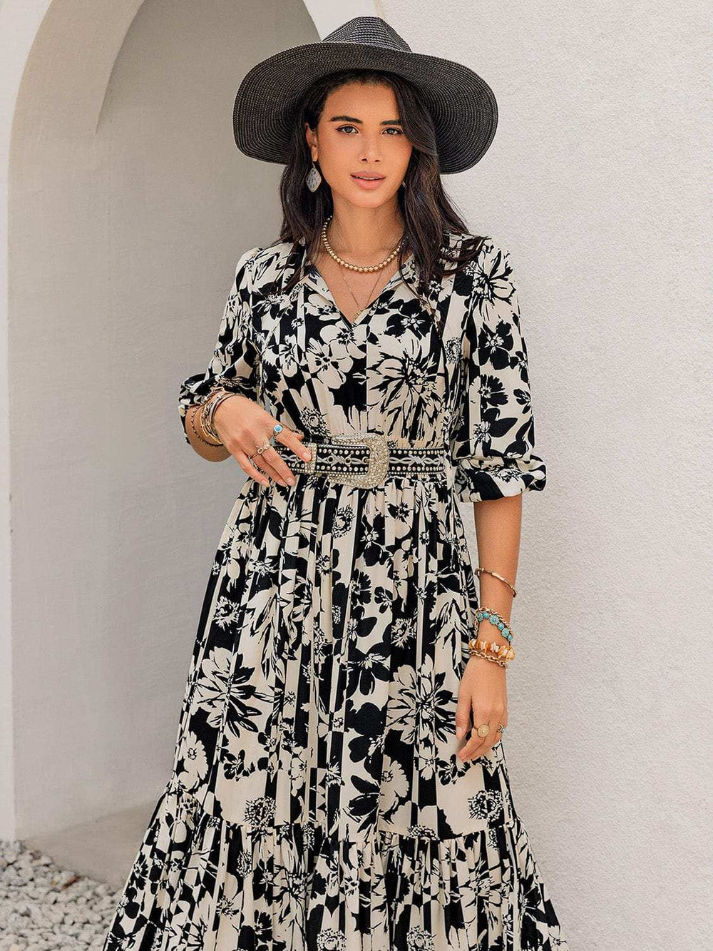 Smocked Printed Tie Neck Long Sleeve Dress - Trendsi - Flyclothing LLC