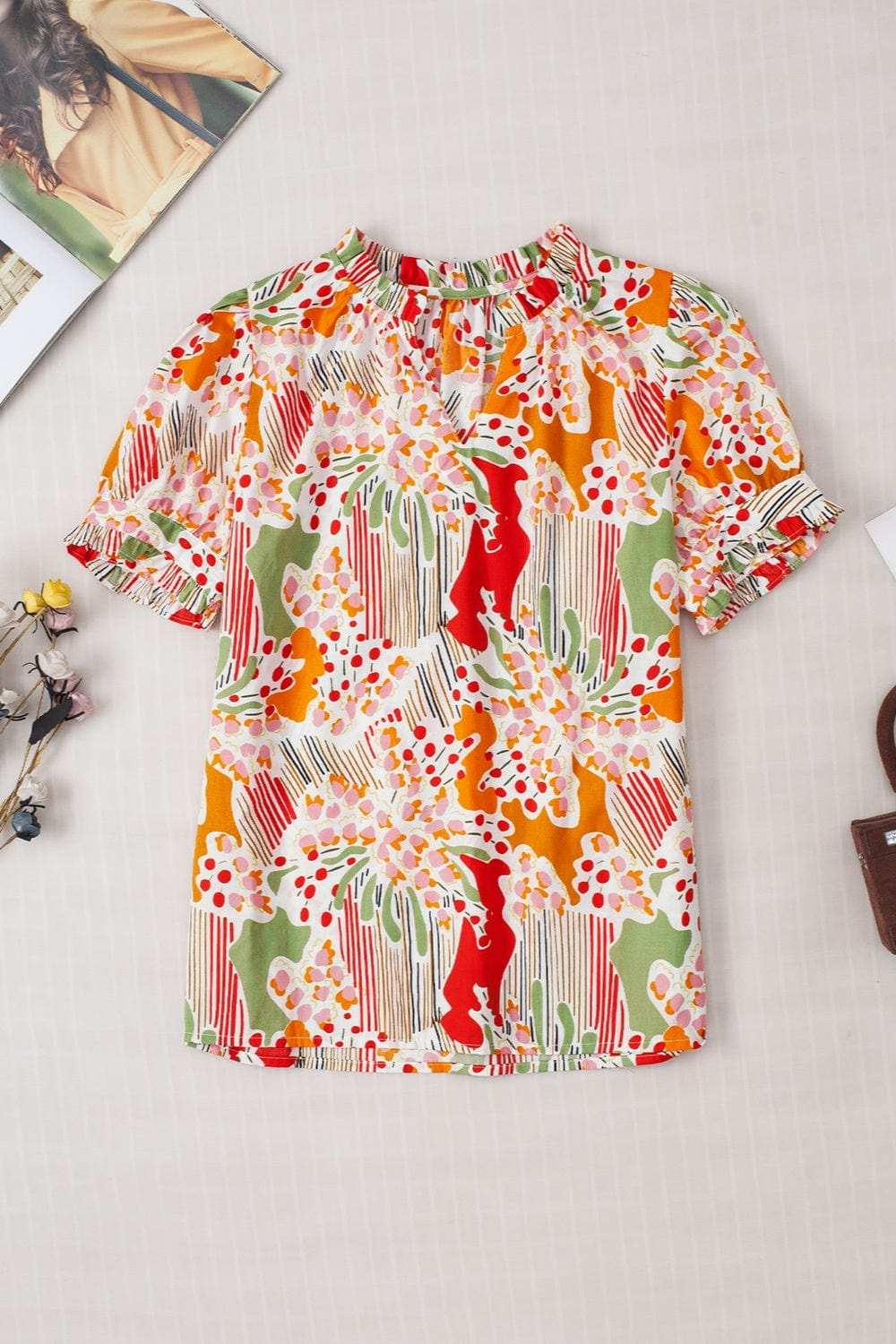 Printed Notched Short Sleeve Blouse - Trendsi - Flyclothing LLC