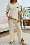 Devine Contrast Trim Half Sleeve Top and Pants Set - Trendsi - Flyclothing LLC