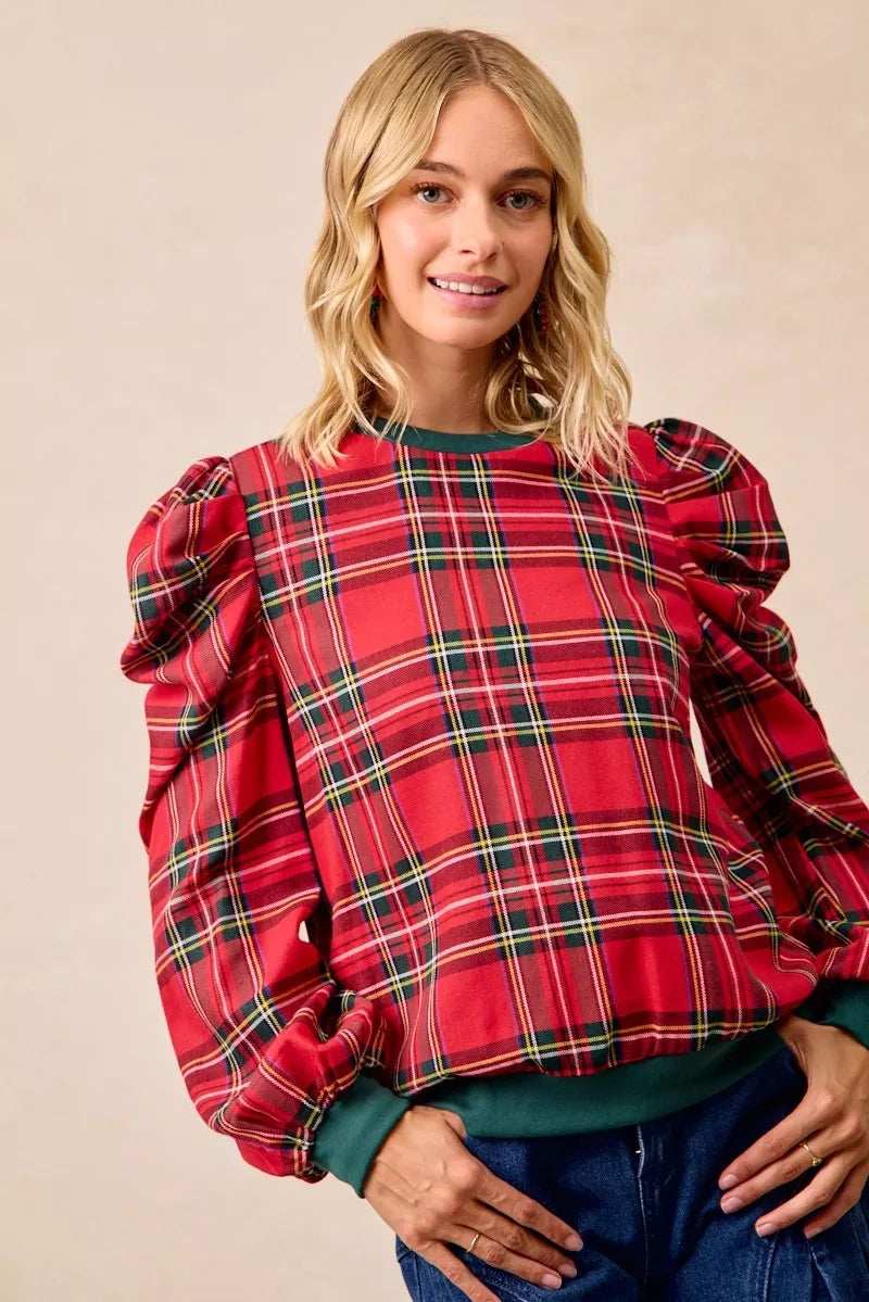 BiBi Christmas Plaid Exaggerated Shoulder Sleeves Top - Trendsi - Flyclothing LLC