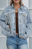Sequin Fringe Trim Distressed Button Up Denim Jacket - Trendsi - Flyclothing LLC