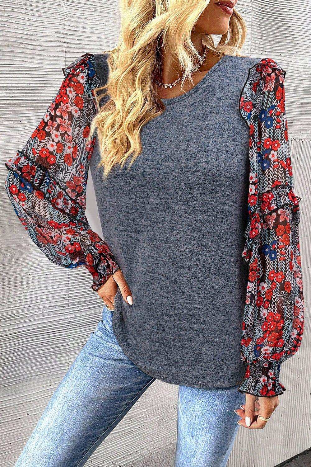 Heathered Floral Frill Lantern Sleeve Blouse - Trendsi - Flyclothing LLC