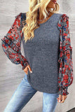 Heathered Floral Frill Lantern Sleeve Blouse - Trendsi - Flyclothing LLC