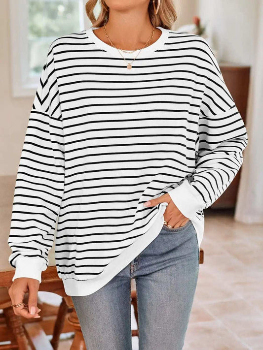 Striped Round Neck Long Sleeve Sweatshirt - Trendsi - Flyclothing LLC