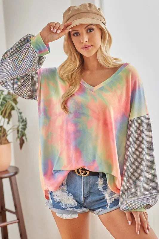 BiBi V Neck Tie Dye French Terry Top with Shiny - Trendsi - Flyclothing LLC
