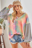 BiBi V Neck Tie Dye French Terry Top with Shiny - Trendsi - Flyclothing LLC