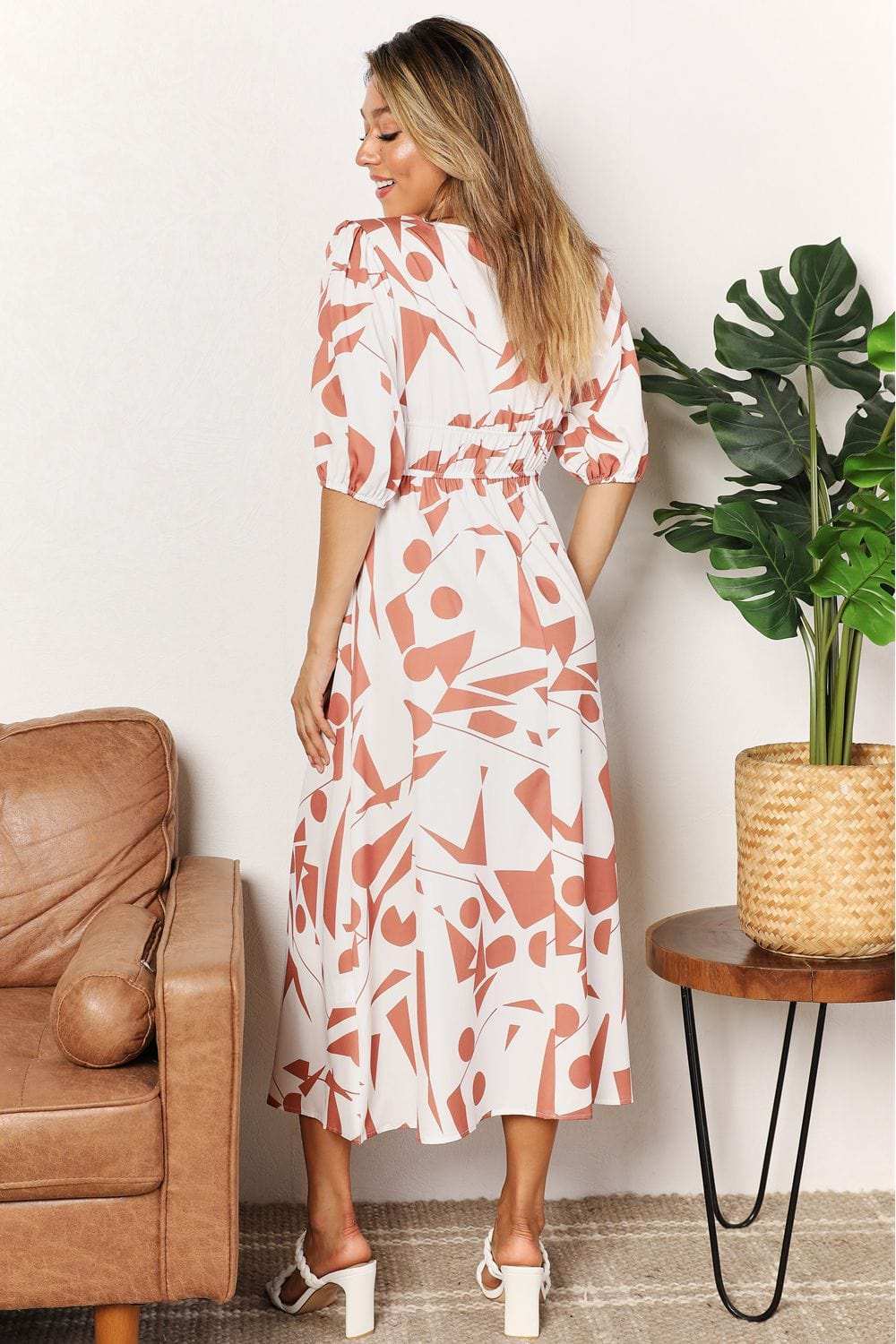 Printed Surplice Balloon Sleeve Dress - Trendsi - Flyclothing LLC