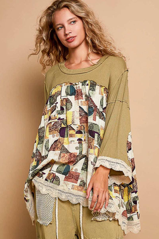 POL Bohemian Geometric Print Long Sleeve Top with Lace Trim - Trendsi - Flyclothing LLC