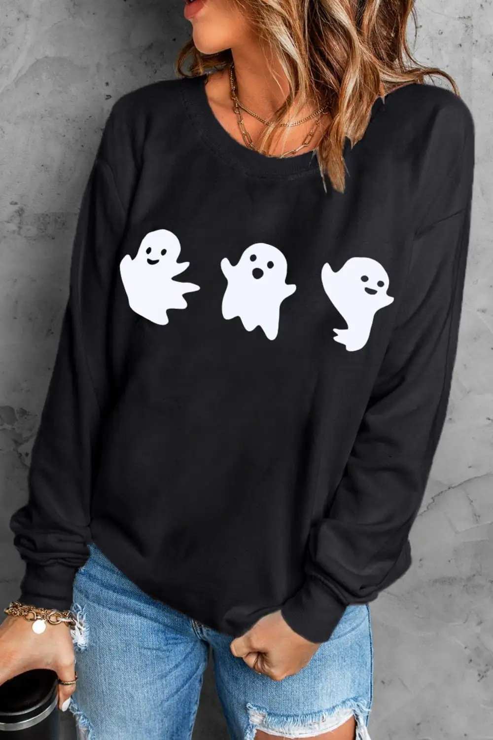 Ghost Round Neck Long Sleeve Sweatshirt - Trendsi - Flyclothing LLC
