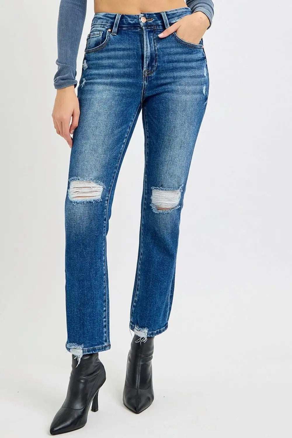 RISEN Full Size High Rise Distressed Crop Straight Jeans - Trendsi - Flyclothing LLC