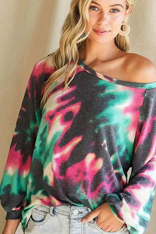 BiBi Tie Dye Print Terry Top with Puff Sleeves - Trendsi - Flyclothing LLC
