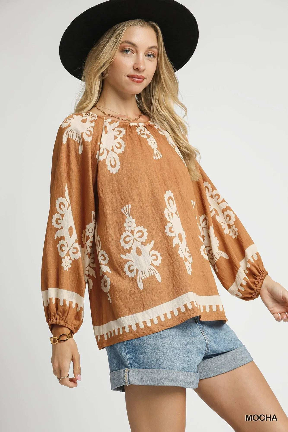 Umgee Full Size Two Tone Border Print Top with Balloon Sleeves Plus Size - Trendsi - Flyclothing LLC