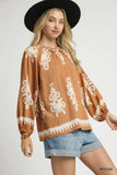 Umgee Full Size Two Tone Border Print Top with Balloon Sleeves Plus Size - Trendsi - Flyclothing LLC
