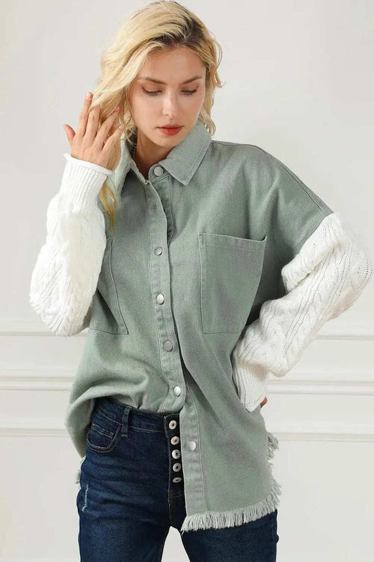 Raw Hem Collared Neck Button Up Long Sleeve Jacket - Trendsi - Flyclothing LLC